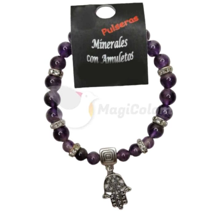 Pulsera Mineral Amatista con Mano de Fátima
